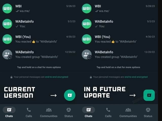 واٹس ایپ ڈیزائن میں نئی تبدیلی، نیا فلوٹنگ ایکشن بٹن